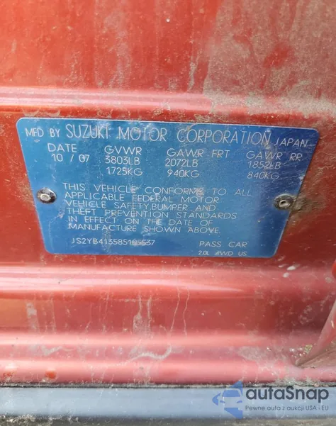 2008 Suzuki Sx4 Base z USA, uszkodzony, nr VIN JS2YB413585105537